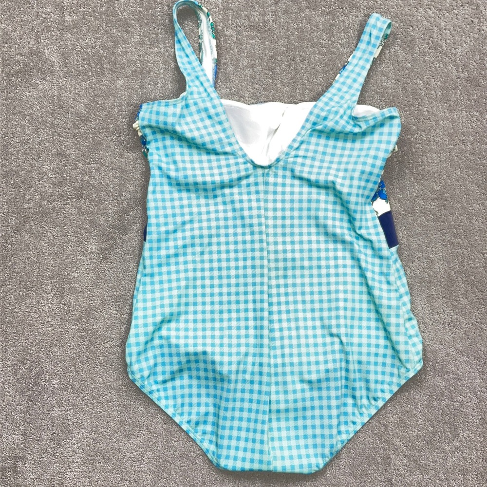 Lands' End One Piece Swimsuit Women 14 Blue Gingham Floral Tummy Control Beach - Picture 6 of 11